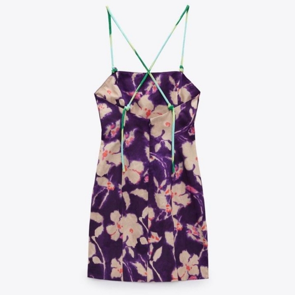ZARA FLORAL LINEN BLEND PURPLE DRESS SIZE M - Picture 3 of 6